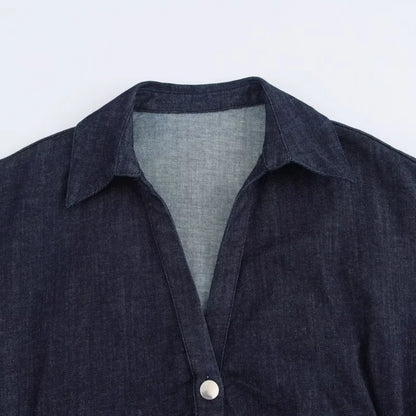 ETJ 2025 Spring Denim Midi Dress – Lapel, Side Zipper, Slim Fit, Elegant