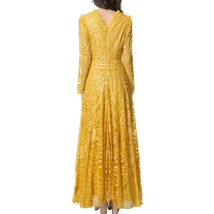 QMQA Sequin V-Neck Evening Dress Elegant Long Sleeve Dress