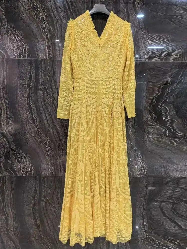 QMQA Sequin V-Neck Evening Dress Elegant Long Sleeve Dress