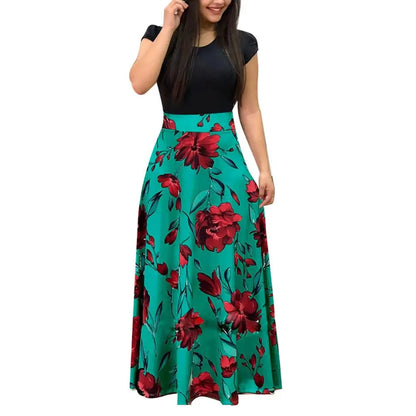 Retro Floral Patchwork Maxi Dress – Elegant Style