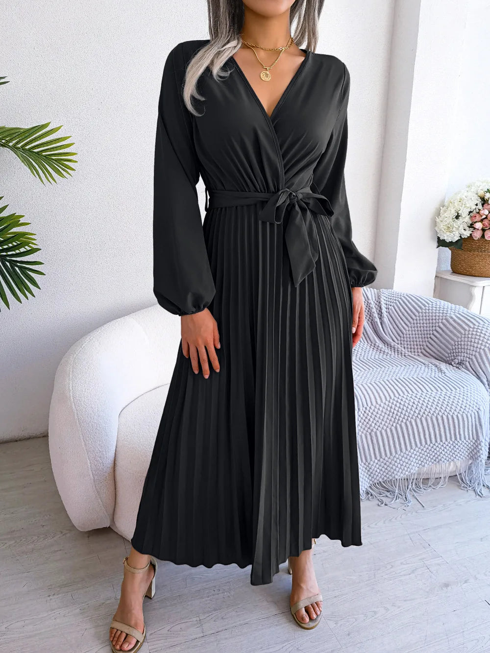 Elegant Pleated V-Neck Maxi Dress – Evening Style