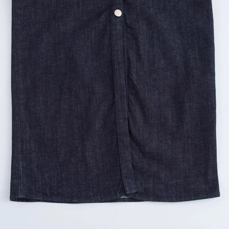 ETJ 2025 Spring Denim Midi Dress – Lapel, Side Zipper, Slim Fit, Elegant