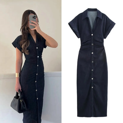 ETJ 2025 Spring Denim Midi Dress – Lapel, Side Zipper, Slim Fit, Elegant