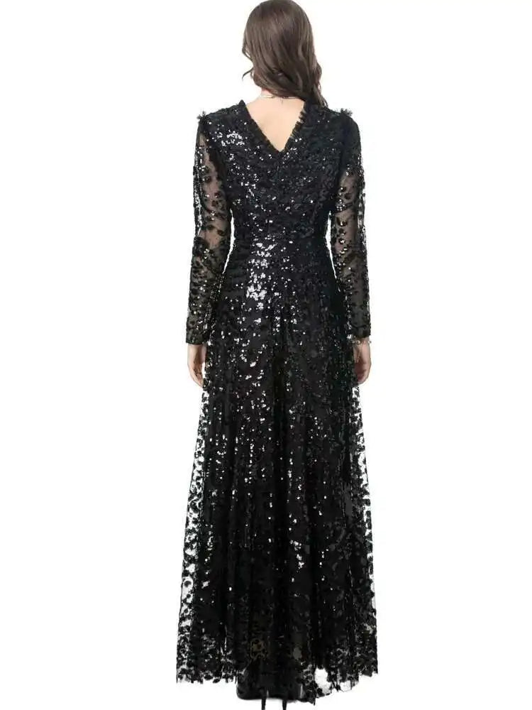 QMQA Sequin V-Neck Evening Dress Elegant Long Sleeve Dress