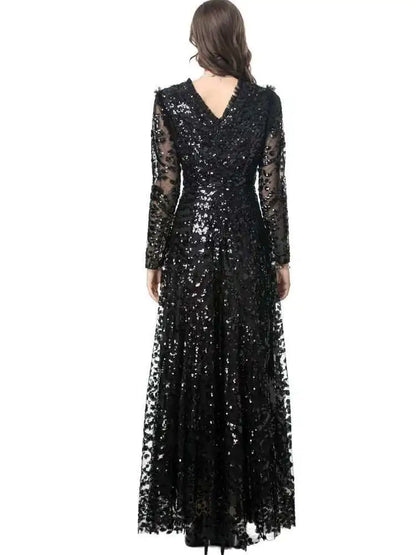 QMQA Sequin V-Neck Evening Dress Elegant Long Sleeve Dress