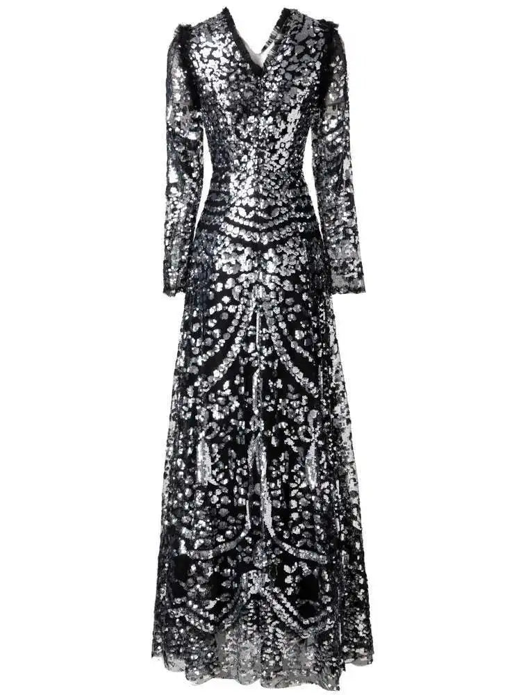 QMQA Sequin V-Neck Evening Dress Elegant Long Sleeve Dress