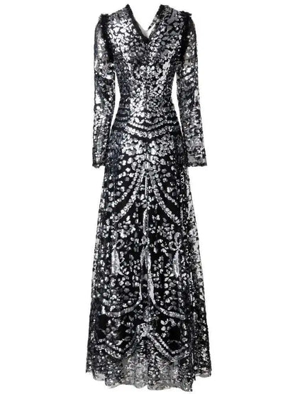 QMQA Sequin V-Neck Evening Dress Elegant Long Sleeve Dress