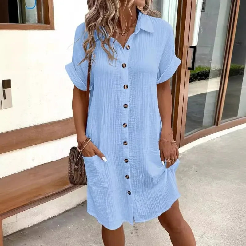 Minimalist V-Neck Shirt Dress  Women’s Loose Pocket Dress