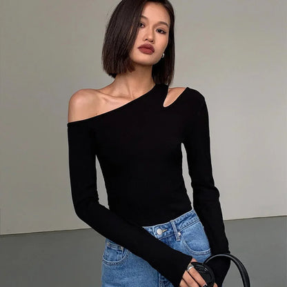 Women’s Off-Shoulder Crop - Top  Skew Collar Slim Fit Crop Top