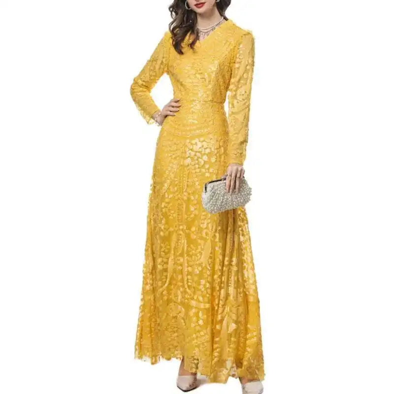 QMQA Sequin V-Neck Evening Dress Elegant Long Sleeve Dress