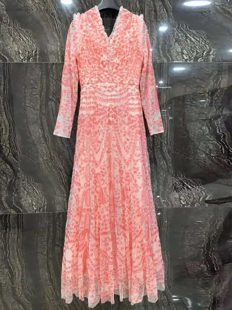 QMQA Sequin V-Neck Evening Dress Elegant Long Sleeve Dress