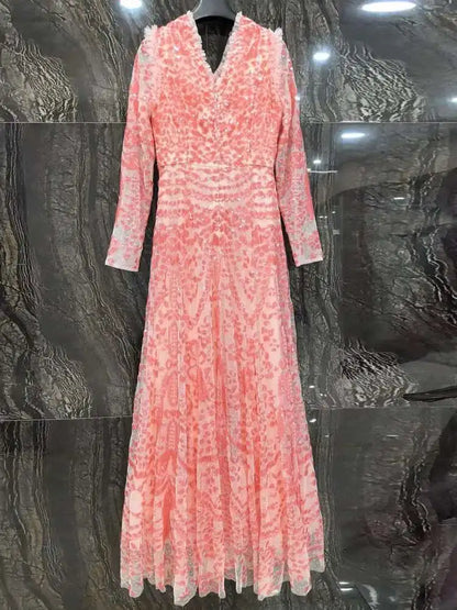 QMQA Sequin V-Neck Evening Dress Elegant Long Sleeve Dress