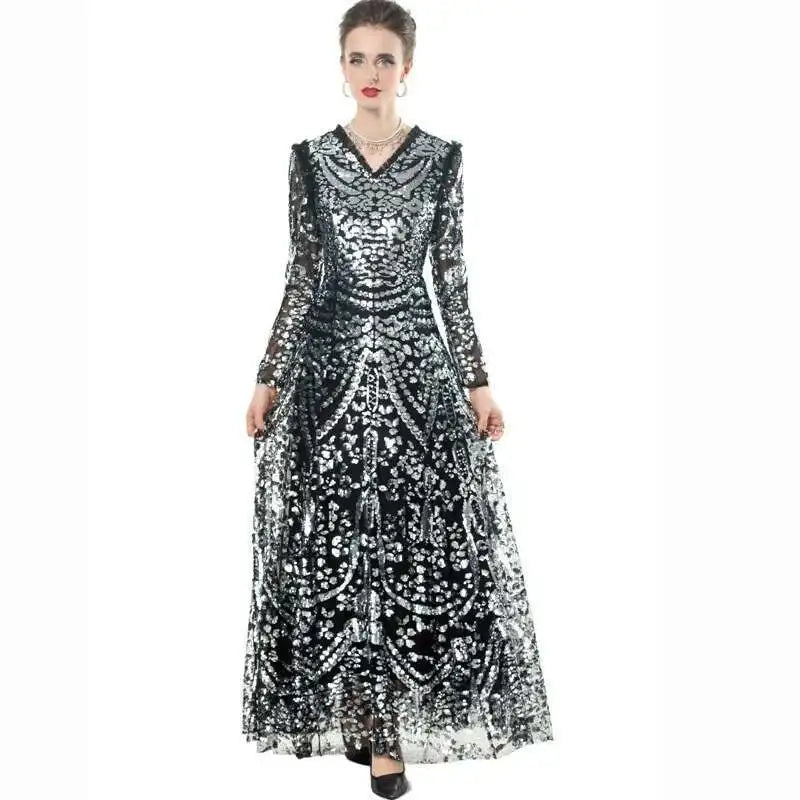 QMQA Sequin V-Neck Evening Dress Elegant Long Sleeve Dress