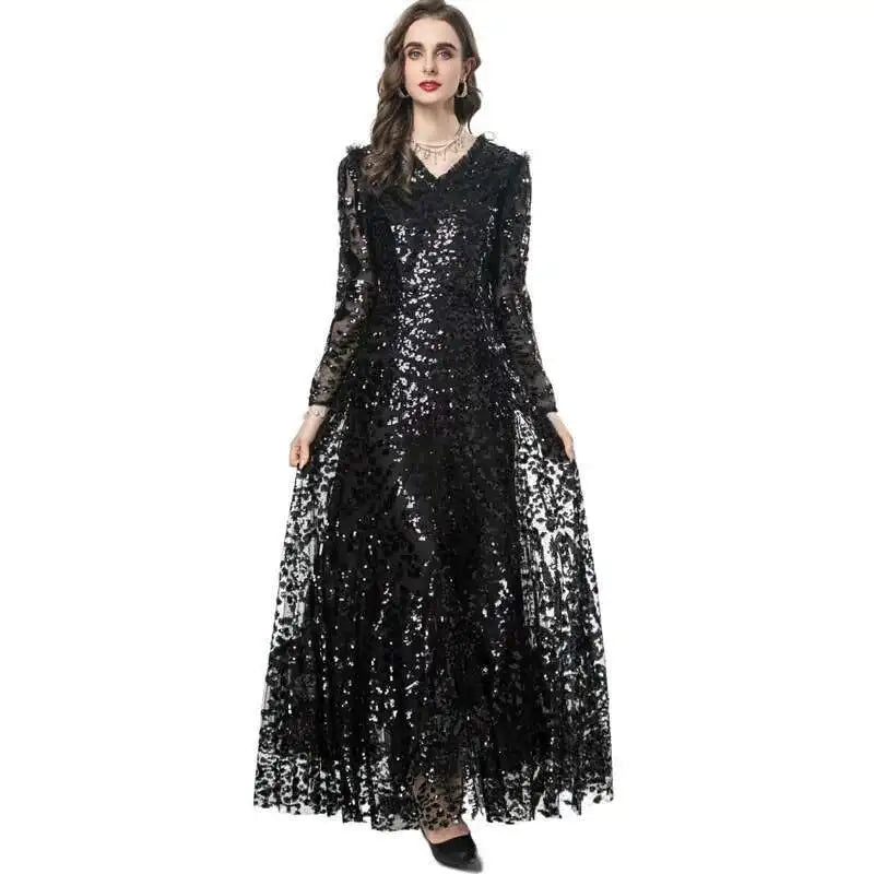 QMQA Sequin V-Neck Evening Dress Elegant Long Sleeve Dress