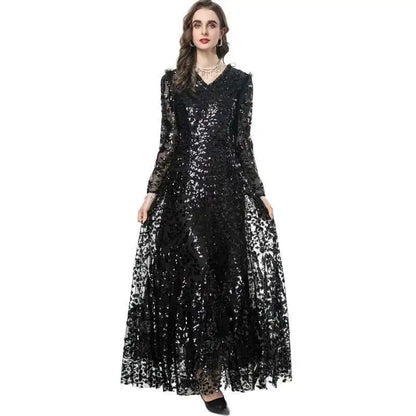 QMQA Sequin V-Neck Evening Dress Elegant Long Sleeve Dress