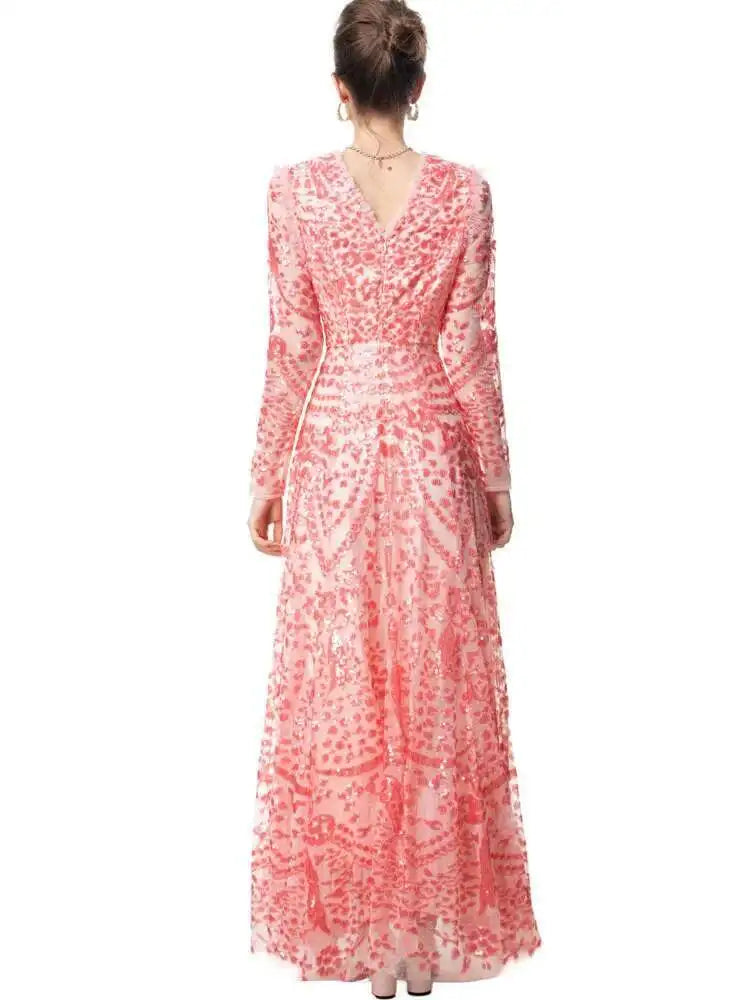 QMQA Sequin V-Neck Evening Dress Elegant Long Sleeve Dress