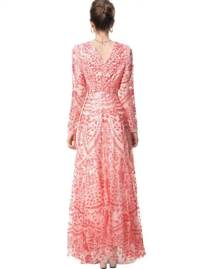 QMQA Sequin V-Neck Evening Dress Elegant Long Sleeve Dress