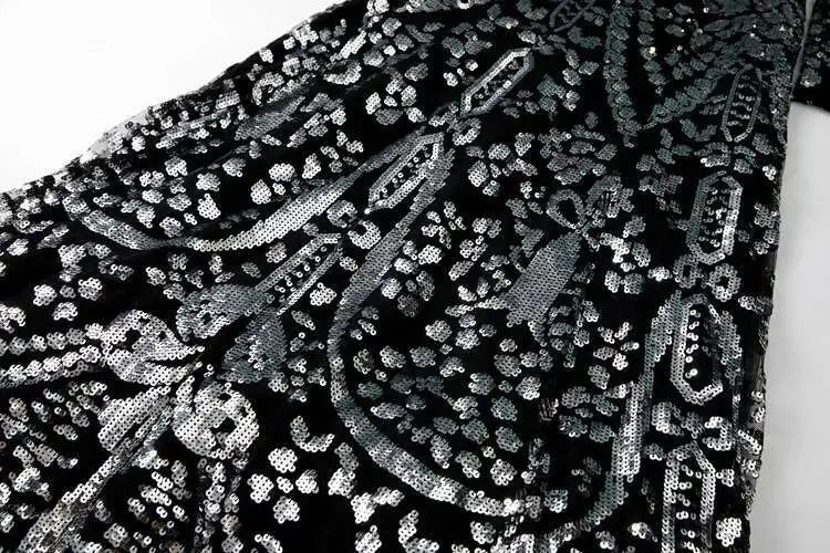 QMQA Sequin V-Neck Evening Dress Elegant Long Sleeve Dress