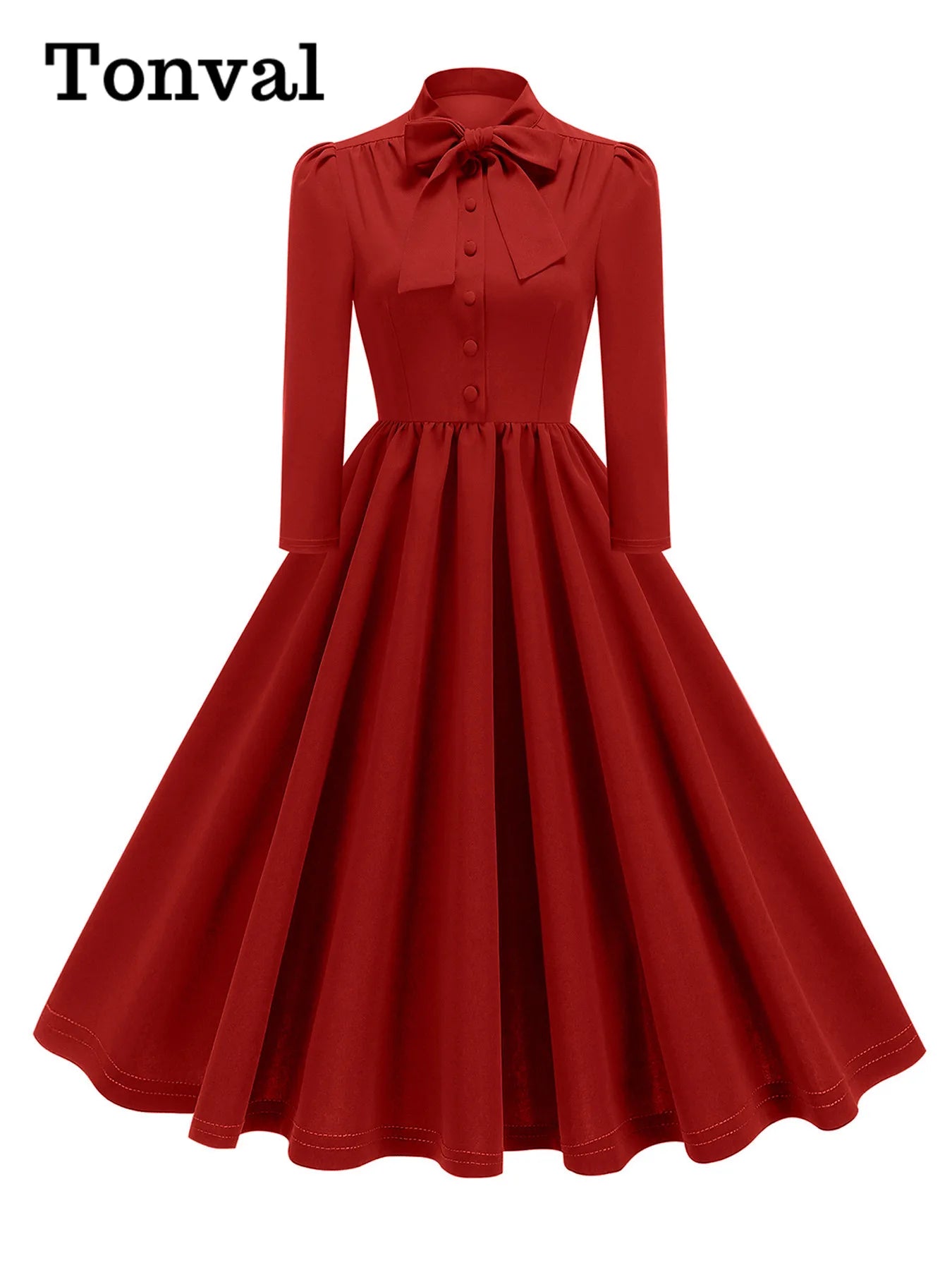 Tonval Bow Neck Pleated Dress  Tonval Vintage Swing Dress