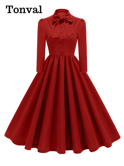 Tonval Bow Neck Pleated Dress  Tonval Vintage Swing Dress