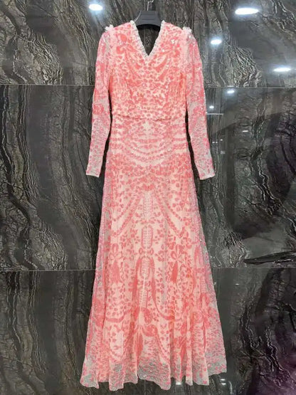 QMQA Sequin V-Neck Evening Dress Elegant Long Sleeve Dress