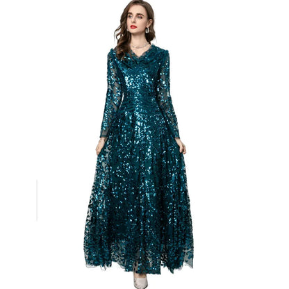 QMQA Sequin V-Neck Evening Dress Elegant Long Sleeve Dress