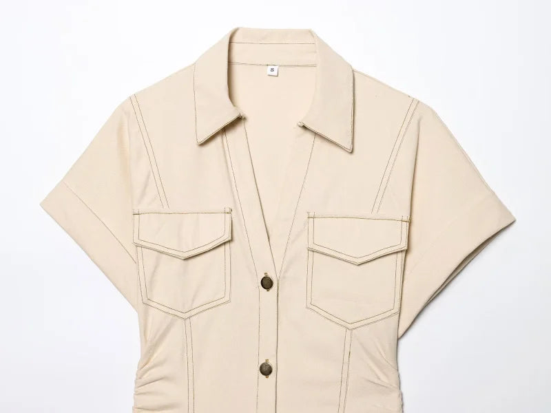 ETJ 2025 Spring Denim Midi Dress – Lapel, Side Zipper, Slim Fit, Elegant