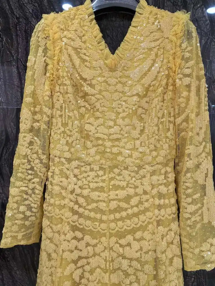 QMQA Sequin V-Neck Evening Dress Elegant Long Sleeve Dress