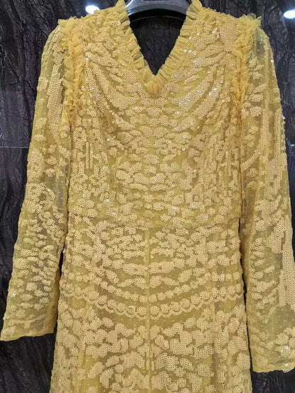 QMQA Sequin V-Neck Evening Dress Elegant Long Sleeve Dress