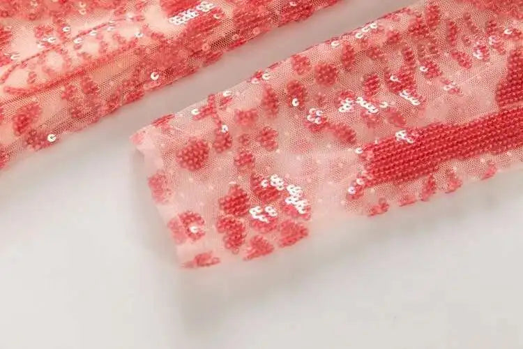 QMQA Sequin V-Neck Evening Dress Elegant Long Sleeve Dress