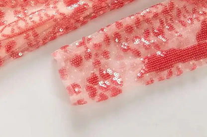 QMQA Sequin V-Neck Evening Dress Elegant Long Sleeve Dress