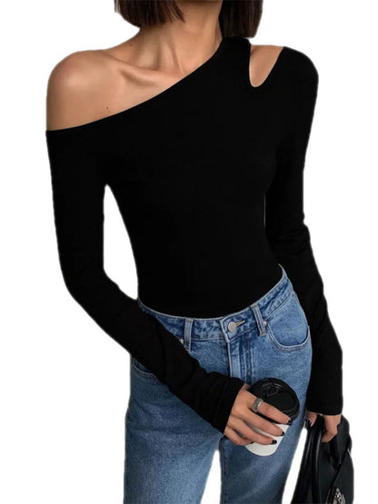 Women’s Off-Shoulder Crop - Top  Skew Collar Slim Fit Crop Top