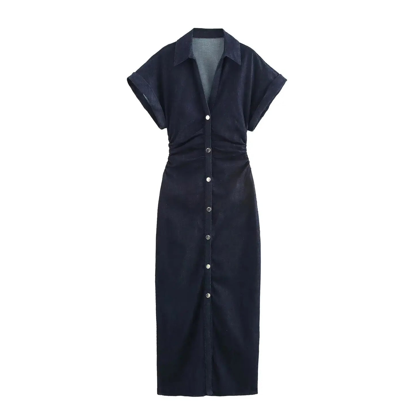 ETJ 2025 Spring Denim Midi Dress – Lapel, Side Zipper, Slim Fit, Elegant