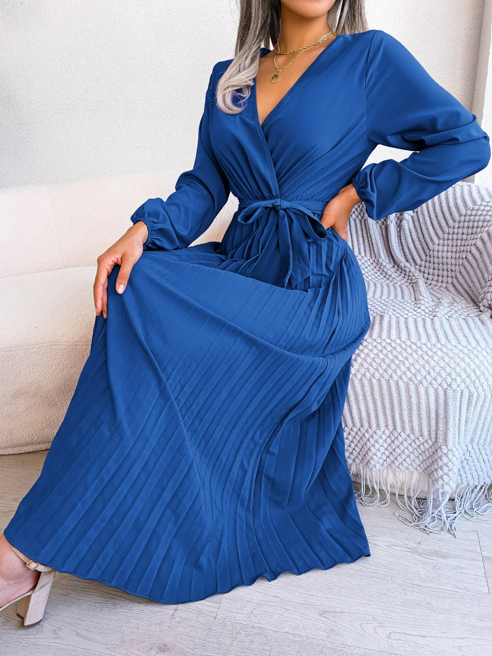 Elegant Pleated V-Neck Maxi Dress – Evening Style