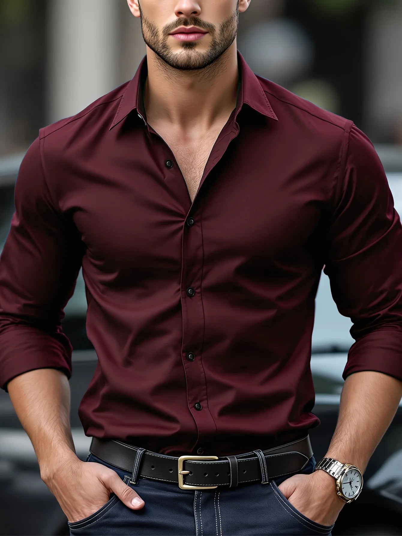 Classic Long Sleeve Shirt — Stretch Fit, Solid Color