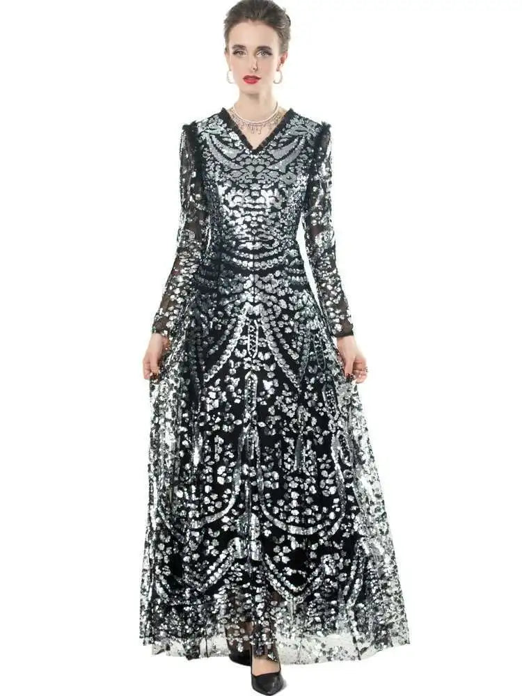 QMQA Sequin V-Neck Evening Dress Elegant Long Sleeve Dress