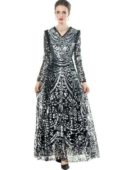 QMQA Sequin V-Neck Evening Dress Elegant Long Sleeve Dress