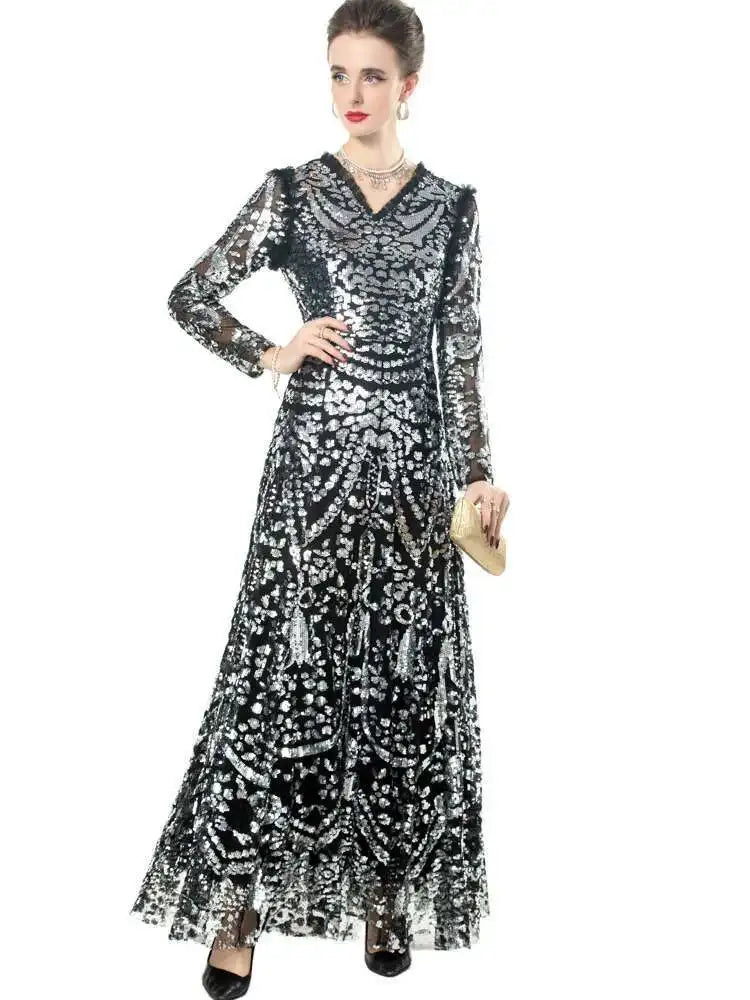 QMQA Sequin V-Neck Evening Dress Elegant Long Sleeve Dress