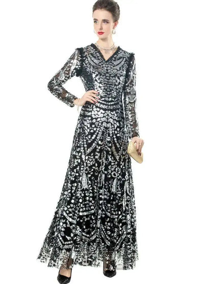 QMQA Sequin V-Neck Evening Dress Elegant Long Sleeve Dress