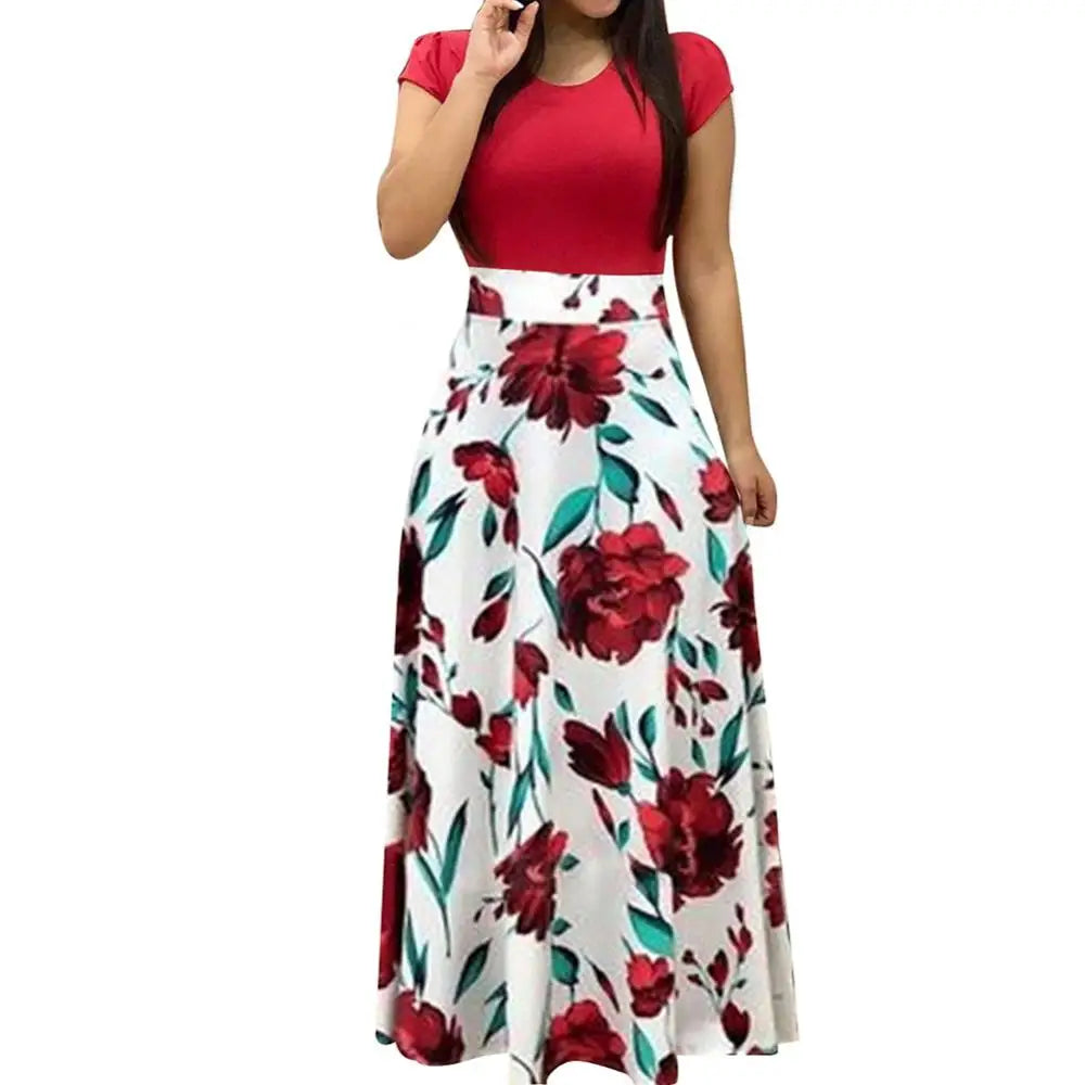 Retro Floral Patchwork Maxi Dress – Elegant Style