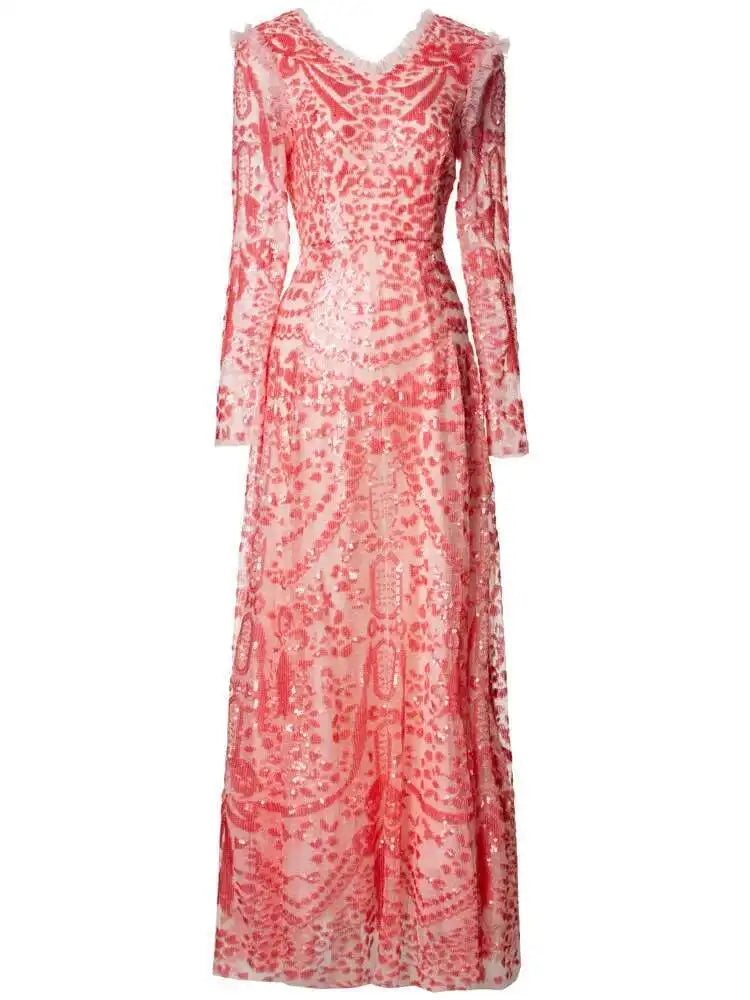 QMQA Sequin V-Neck Evening Dress Elegant Long Sleeve Dress