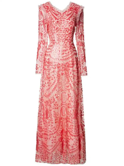 QMQA Sequin V-Neck Evening Dress Elegant Long Sleeve Dress