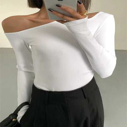Women’s Off-Shoulder Crop - Top  Skew Collar Slim Fit Crop Top