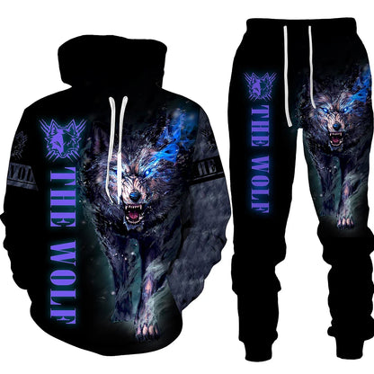 Wolf Print 3D Hoodie & Pants Set – Streetwear Fit