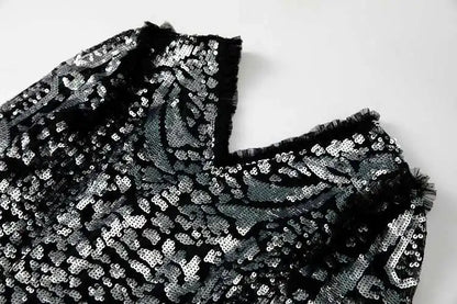 QMQA Sequin V-Neck Evening Dress Elegant Long Sleeve Dress