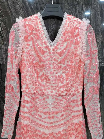 QMQA Sequin V-Neck Evening Dress Elegant Long Sleeve Dress