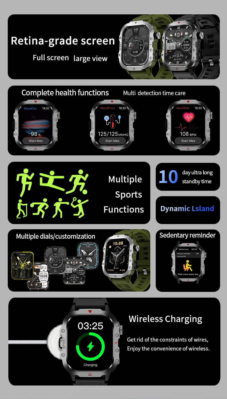 LAXASFIT 2025 Military Smartwatch — Rugged Outdoor Edition