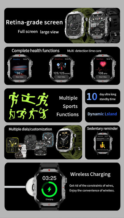 LAXASFIT 2025 Military Smartwatch — Rugged Outdoor Edition