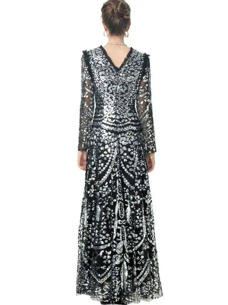 QMQA Sequin V-Neck Evening Dress Elegant Long Sleeve Dress