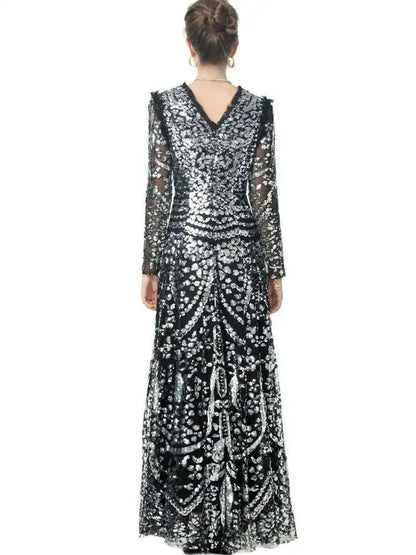 QMQA Sequin V-Neck Evening Dress Elegant Long Sleeve Dress